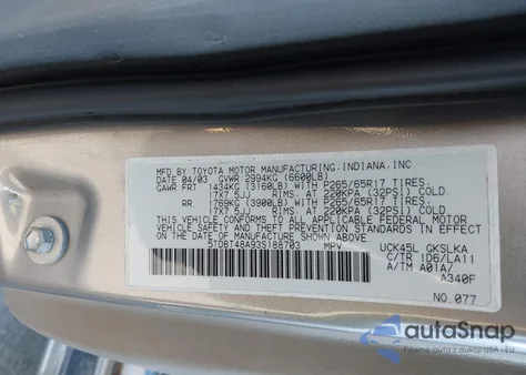 2003 Toyota Sequoia Limited V8 из США, поврежденный, VIN 5TDBT48A93S188703